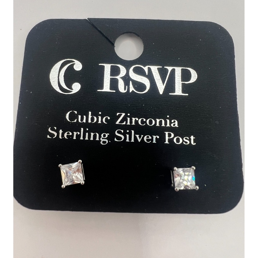 RSVP Sterling Silver Post Princess Cut CZ Stud Earrings Hypoallergenic‎ New NOS